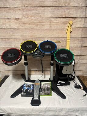 Microsoft Xbox 360 Rock Band Bundle Drum Set with Guitar,Mic And 2 Games Tested